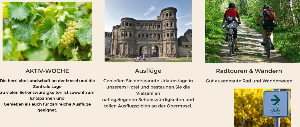 AKTIV-WOCHE Die herrliche Landschaft an der Mosel und die Zentrale Lage zu vielen Sehenswürdigkeiten ist sowohl zum Entspannen und Genießen als auch für zahlreiche Ausflüge geeignet.     Ausflüge Genießen Sie entspannte Urlaubstage in unserem Hotel und bestaunen Sie die Vielzahl an nahegelegenen Sehenswürdigkeiten und tollen Ausflugszielen an der Obermosel.     Radtouren & Wandern Gut ausgebaute Rad und Wanderwege